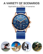 LIGE Top Brand Luxury New Fashion Simple Watch for Men Blue Dial Watch Mesh Belt Sport Waterproof Watches Moon Phase Wrist Watch Gola Watches