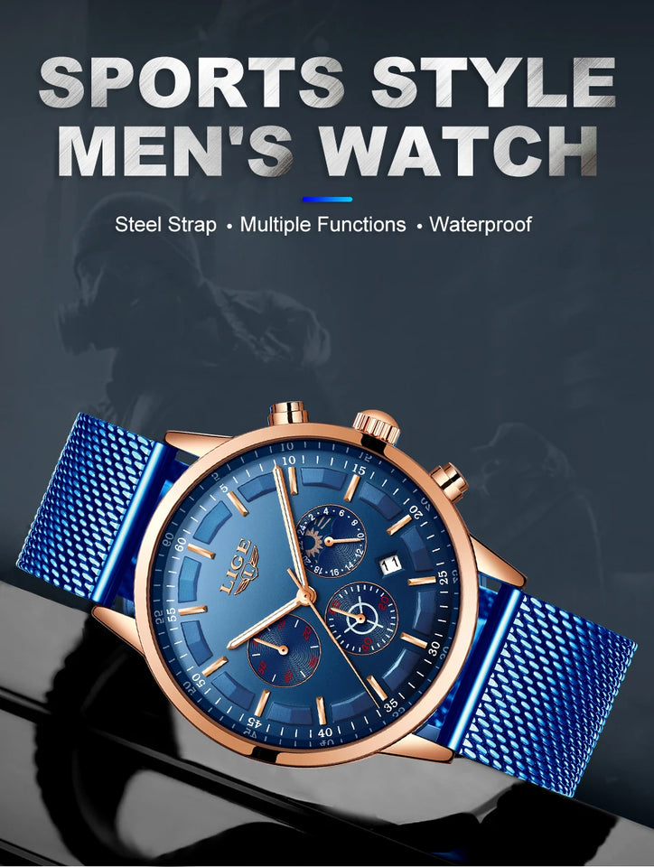 LIGE Top Brand Luxury New Fashion Simple Watch for Men Blue Dial Watch Mesh Belt Sport Waterproof Watches Moon Phase Wrist Watch