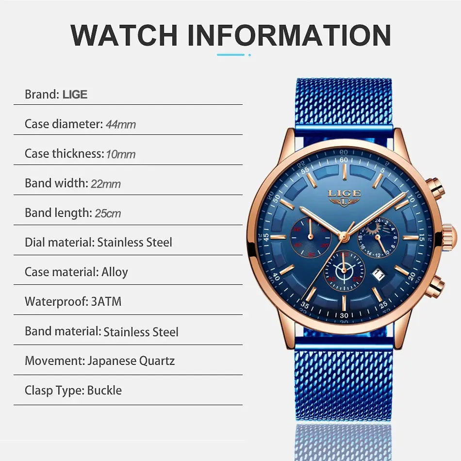 LIGE Top Brand Luxury New Fashion Simple Watch for Men Blue Dial Watch Mesh Belt Sport Waterproof Watches Moon Phase Wrist Watch Gola Watches