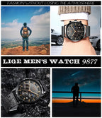 LIGE Top Brand Luxury New Fashion Simple Watch for Men Blue Dial Watch Mesh Belt Sport Waterproof Watches Moon Phase Wrist Watch Gola Watches