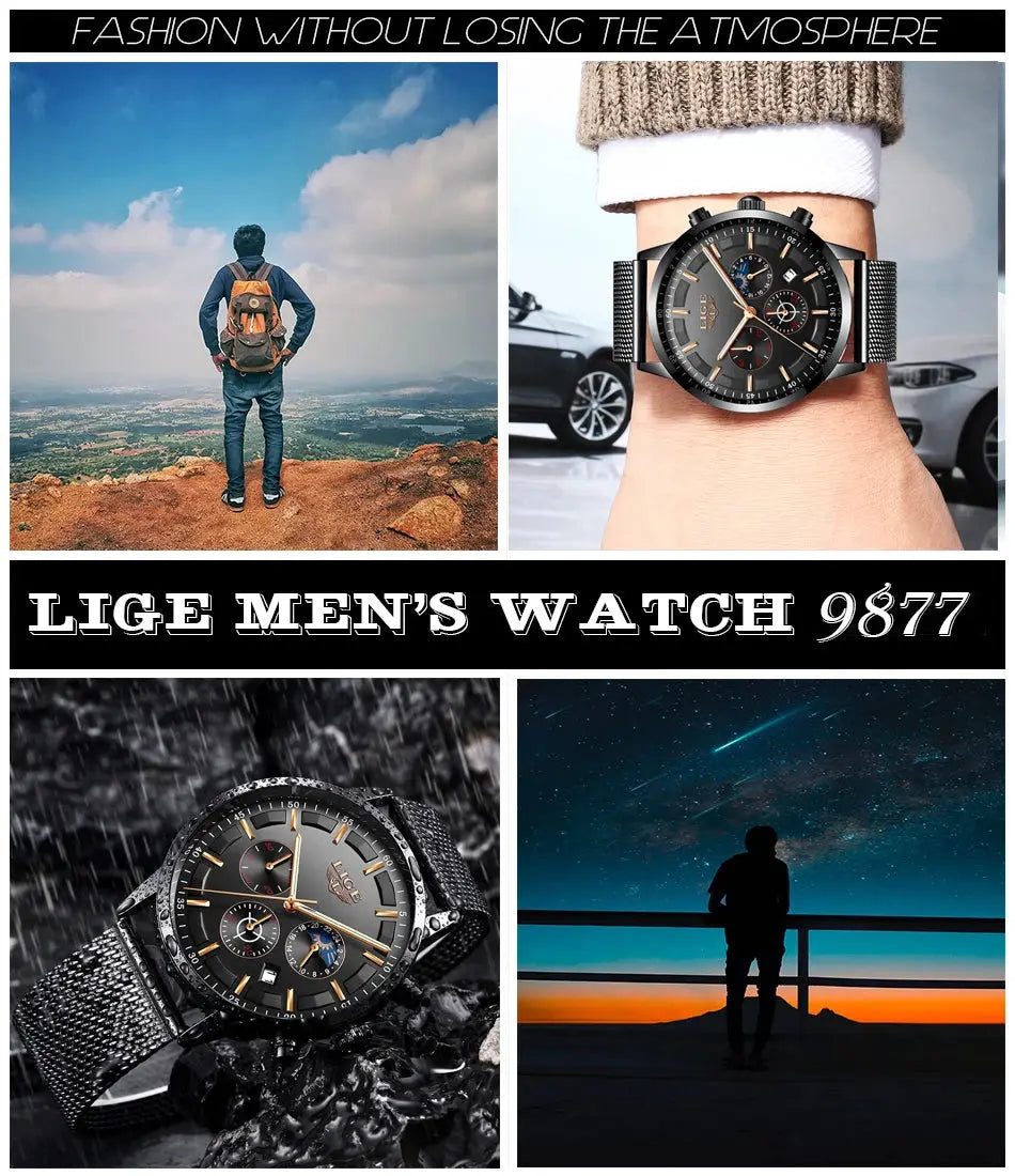 LIGE Top Brand Luxury New Fashion Simple Watch for Men Blue Dial Watch Mesh Belt Sport Waterproof Watches Moon Phase Wrist Watch Gola Watches