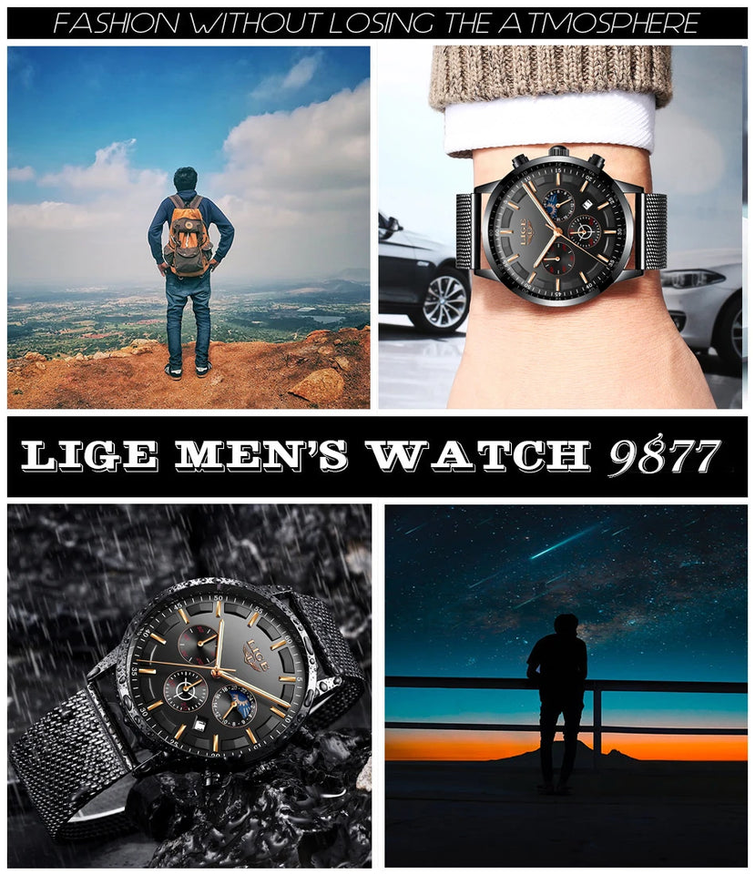 LIGE Top Brand Luxury New Fashion Simple Watch for Men Blue Dial Watch Mesh Belt Sport Waterproof Watches Moon Phase Wrist Watch