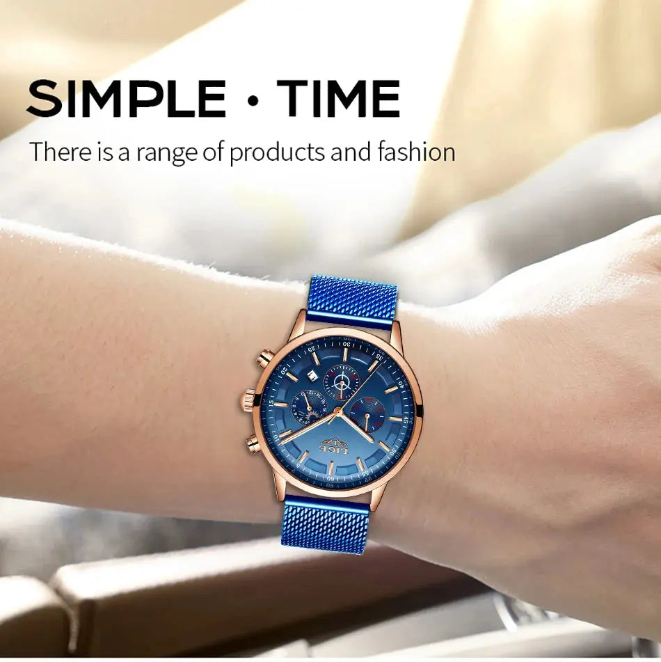LIGE Top Brand Luxury New Fashion Simple Watch for Men Blue Dial Watch Mesh Belt Sport Waterproof Watches Moon Phase Wrist Watch Gola Watches