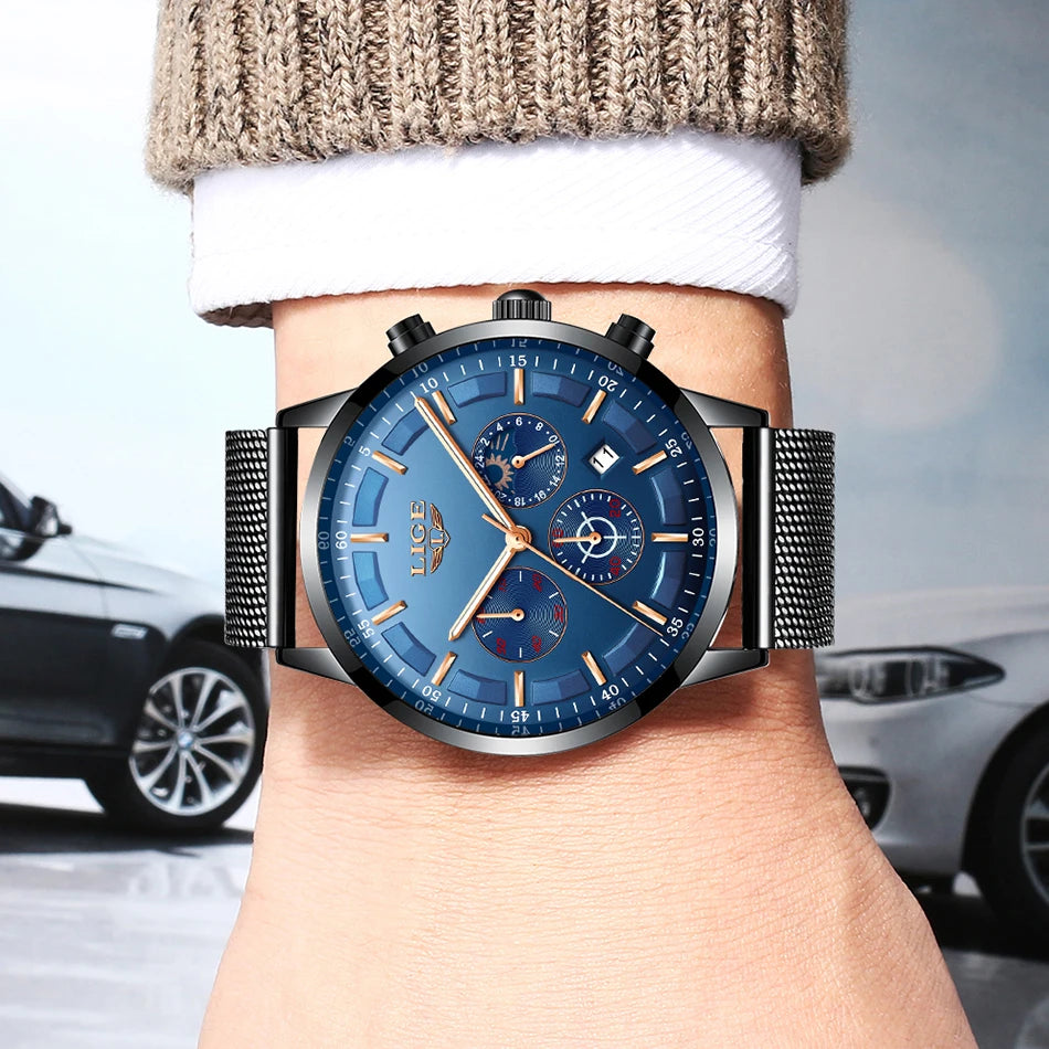 LIGE Top Brand Luxury New Fashion Simple Watch for Men Blue Dial Watch Mesh Belt Sport Waterproof Watches Moon Phase Wrist Watch
