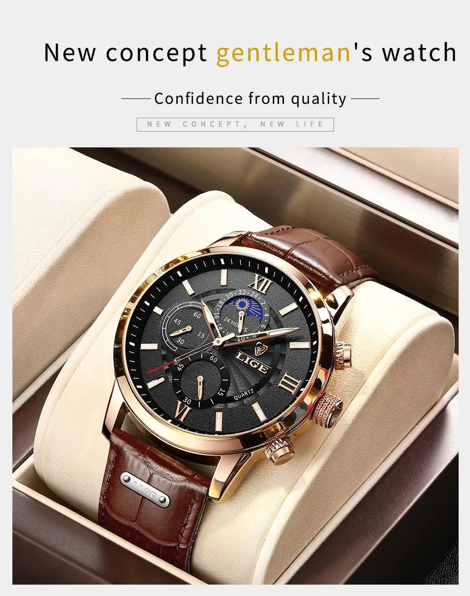 2025 New Mens Watches LIGE Top Brand Luxury Leather Casual Quartz Watch Men's Sport Waterproof Clock Watch Relogio Masculino+Box Gola Watches