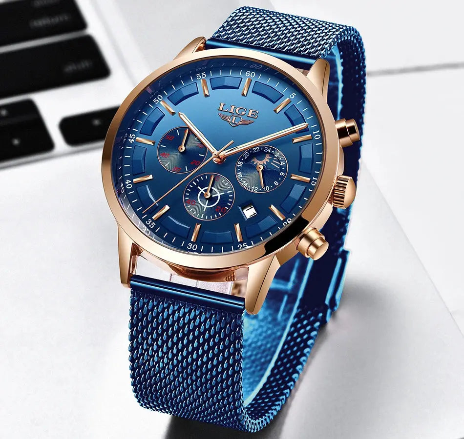 LIGE Top Brand Luxury New Fashion Simple Watch for Men Blue Dial Watch Mesh Belt Sport Waterproof Watches Moon Phase Wrist Watch Gola Watches