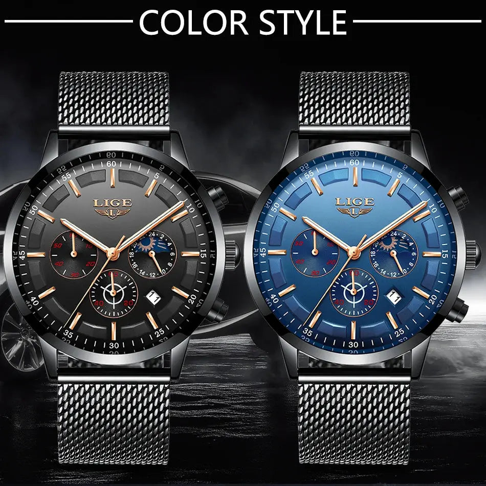 LIGE Top Brand Luxury New Fashion Simple Watch for Men Blue Dial Watch Mesh Belt Sport Waterproof Watches Moon Phase Wrist Watch Gola Watches
