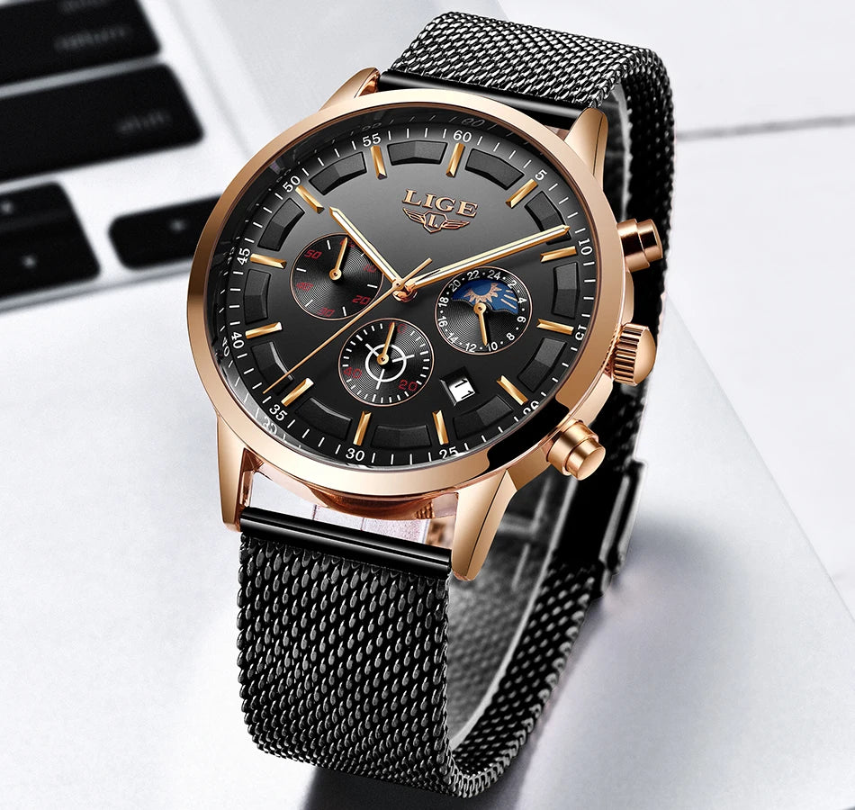 LIGE Top Brand Luxury New Fashion Simple Watch for Men Blue Dial Watch Mesh Belt Sport Waterproof Watches Moon Phase Wrist Watch