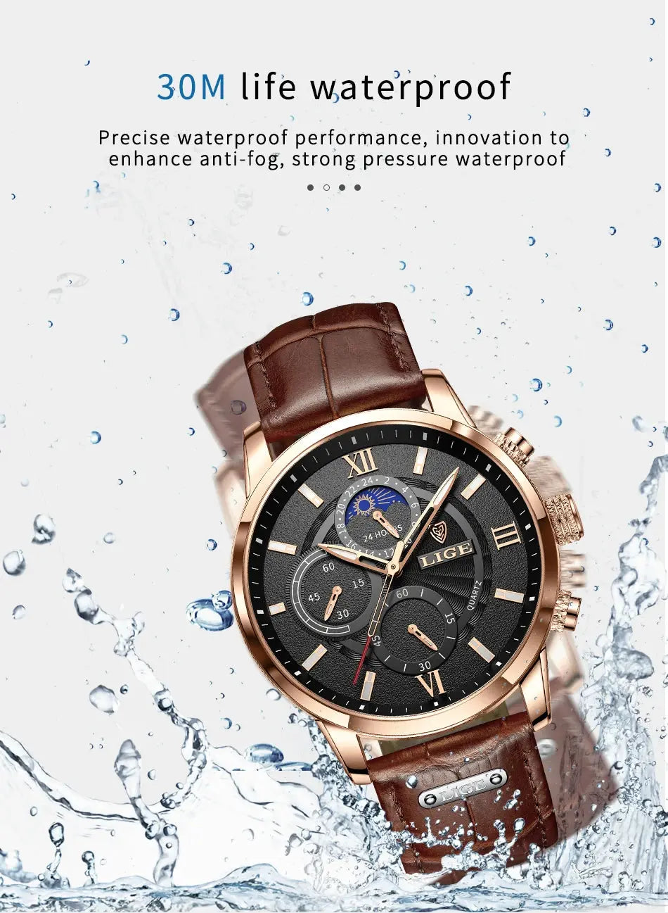 2025 New Mens Watches LIGE Top Brand Luxury Leather Casual Quartz Watch Men's Sport Waterproof Clock Watch Relogio Masculino+Box Gola Watches