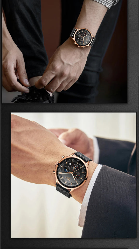 LIGE Top Brand Luxury New Fashion Simple Watch for Men Blue Dial Watch Mesh Belt Sport Waterproof Watches Moon Phase Wrist Watch