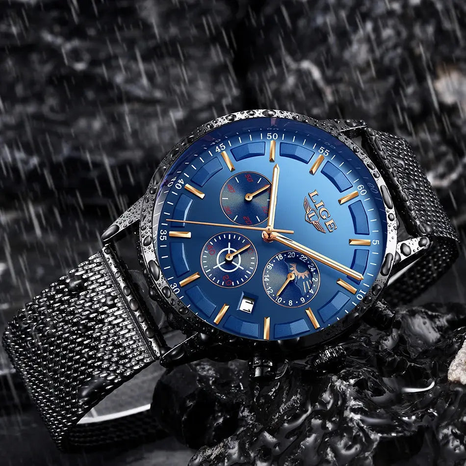 LIGE Top Brand Luxury New Fashion Simple Watch for Men Blue Dial Watch Mesh Belt Sport Waterproof Watches Moon Phase Wrist Watch Gola Watches