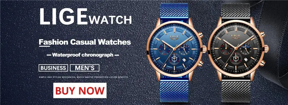 LIGE Top Brand Luxury New Fashion Simple Watch for Men Blue Dial Watch Mesh Belt Sport Waterproof Watches Moon Phase Wrist Watch Gola Watches