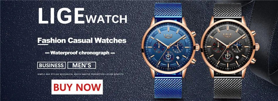 LIGE Top Brand Luxury New Fashion Simple Watch for Men Blue Dial Watch Mesh Belt Sport Waterproof Watches Moon Phase Wrist Watch