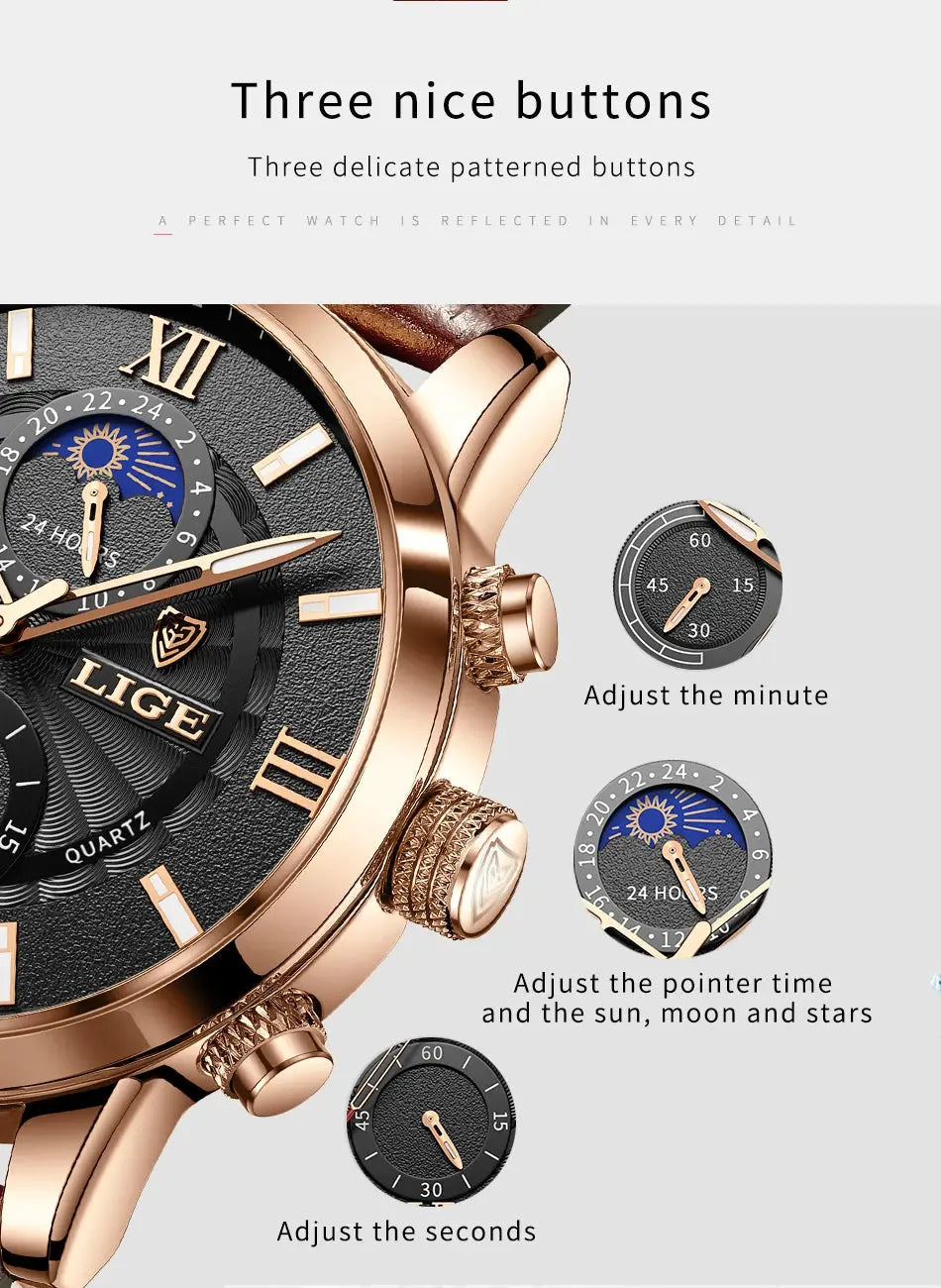 2025 New Mens Watches LIGE Top Brand Luxury Leather Casual Quartz Watch Men's Sport Waterproof Clock Watch Relogio Masculino+Box Gola Watches