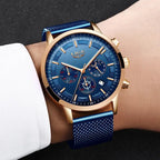 LIGE Top Brand Luxury New Fashion Simple Watch for Men Blue Dial Watch Mesh Belt Sport Waterproof Watches Moon Phase Wrist Watch Gola Watches