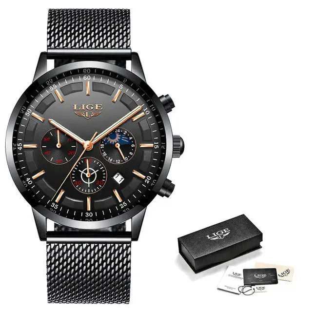 LIGE Top Brand Luxury New Fashion Simple Watch for Men Blue Dial Watch Mesh Belt Sport Waterproof Watches Moon Phase Wrist Watch Gola Watches