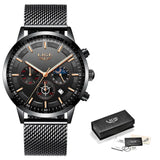 LIGE Top Brand Luxury New Fashion Simple Watch for Men Blue Dial Watch Mesh Belt Sport Waterproof Watches Moon Phase Wrist Watch