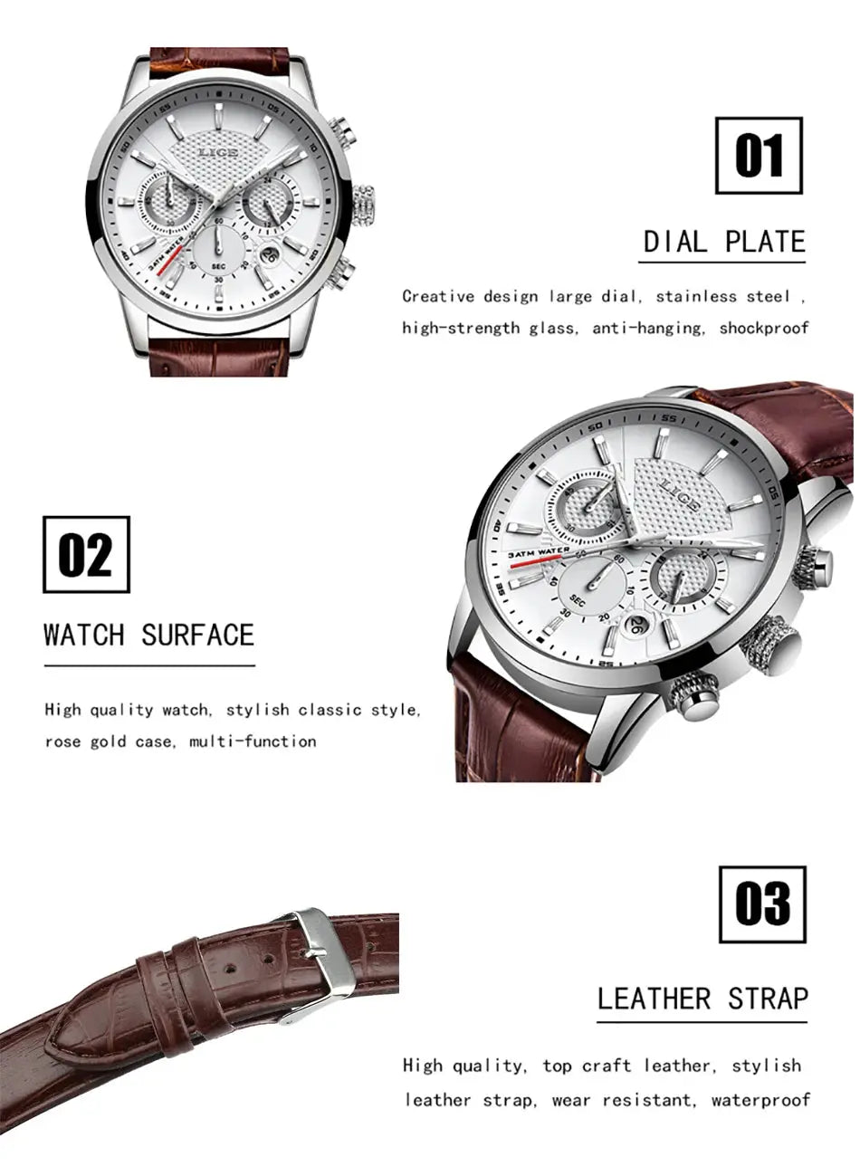 2025 New Mens Watches LIGE Top Brand Luxury Leather Casual Quartz Watch Men's Sport Waterproof Clock Watch Relogio Masculino+Box Gola Watches