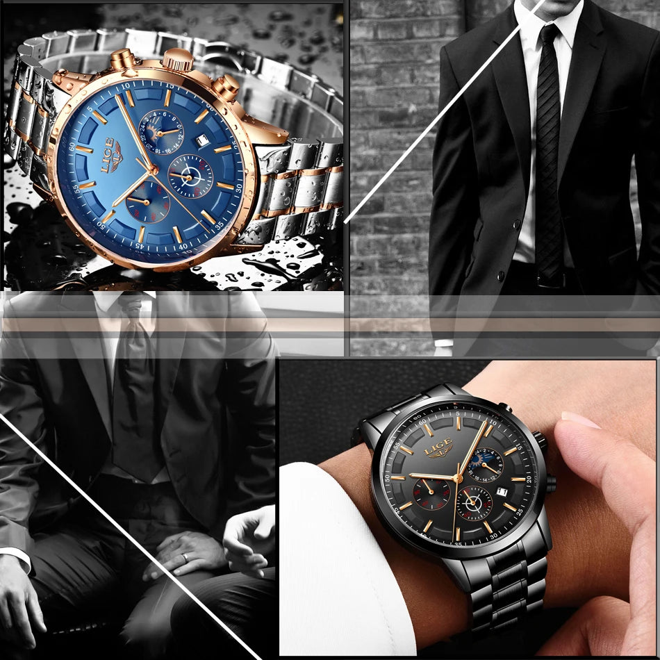 LIGE 2025 Fashion Mens Watches Top Brand Luxury Business Watch For Men Stainless Steel Waterproof Quartz Clock Relogio Masculino