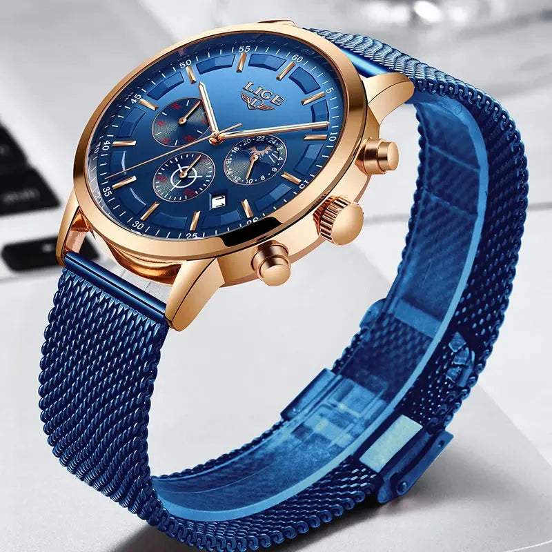 LIGE Top Brand Luxury New Fashion Simple Watch for Men Blue Dial Watch Mesh Belt Sport Waterproof Watches Moon Phase Wrist Watch Gola Watches