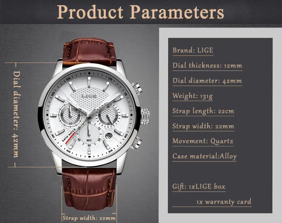 2025 New Mens Watches LIGE Top Brand Luxury Leather Casual Quartz Watch Men's Sport Waterproof Clock Watch Relogio Masculino+Box Gola Watches