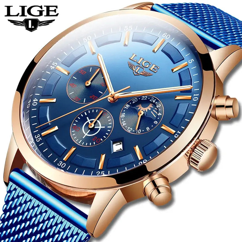 LIGE Top Brand Luxury New Fashion Simple Watch for Men Blue Dial Watch Mesh Belt Sport Waterproof Watches Moon Phase Wrist Watch Gola Watches