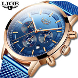 LIGE Top Brand Luxury New Fashion Simple Watch for Men Blue Dial Watch Mesh Belt Sport Waterproof Watches Moon Phase Wrist Watch