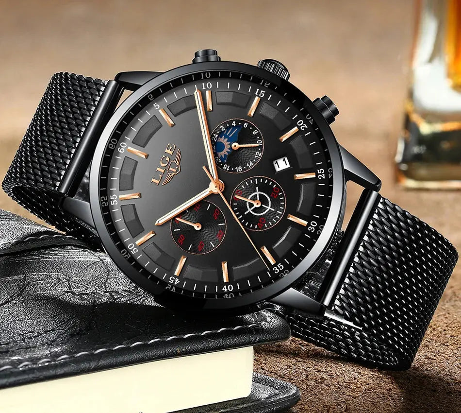 LIGE Top Brand Luxury New Fashion Simple Watch for Men Blue Dial Watch Mesh Belt Sport Waterproof Watches Moon Phase Wrist Watch Gola Watches