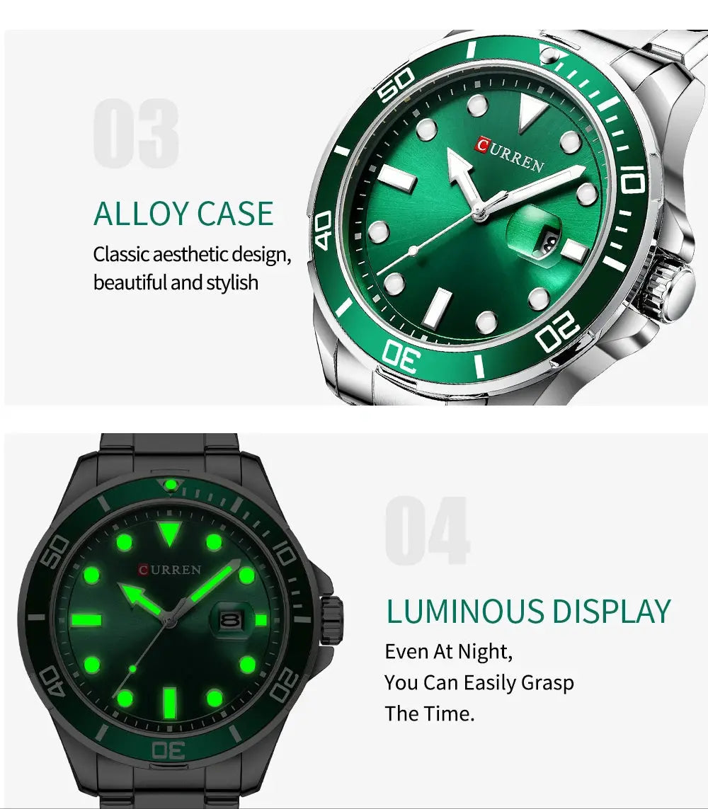 CURREN Fashion Business Mens Wristwatches Green Clock Male Quartz Stainless Steel Watches Reloj Hombre Gola Watches