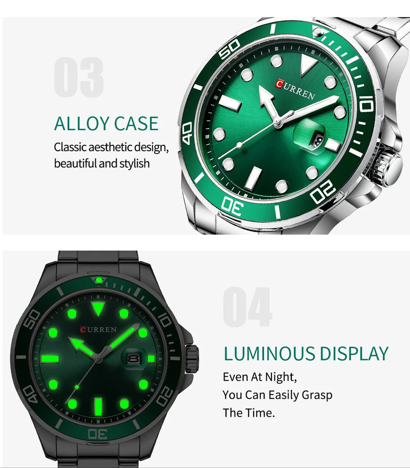 CURREN Fashion Business Mens Wristwatches Green Clock Male Quartz Stainless Steel Watches Reloj Hombre