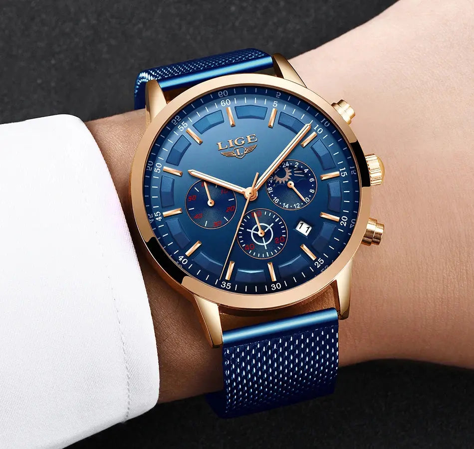 LIGE Top Brand Luxury New Fashion Simple Watch for Men Blue Dial Watch Mesh Belt Sport Waterproof Watches Moon Phase Wrist Watch Gola Watches