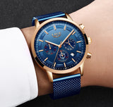 LIGE Top Brand Luxury New Fashion Simple Watch for Men Blue Dial Watch Mesh Belt Sport Waterproof Watches Moon Phase Wrist Watch
