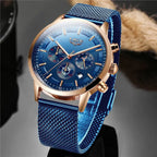 LIGE Top Brand Luxury New Fashion Simple Watch for Men Blue Dial Watch Mesh Belt Sport Waterproof Watches Moon Phase Wrist Watch Gola Watches