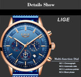 LIGE Top Brand Luxury New Fashion Simple Watch for Men Blue Dial Watch Mesh Belt Sport Waterproof Watches Moon Phase Wrist Watch