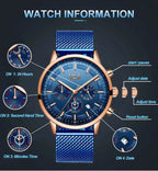 LIGE Top Brand Luxury New Fashion Simple Watch for Men Blue Dial Watch Mesh Belt Sport Waterproof Watches Moon Phase Wrist Watch Gola Watches