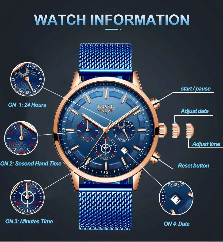 LIGE Top Brand Luxury New Fashion Simple Watch for Men Blue Dial Watch Mesh Belt Sport Waterproof Watches Moon Phase Wrist Watch Gola Watches