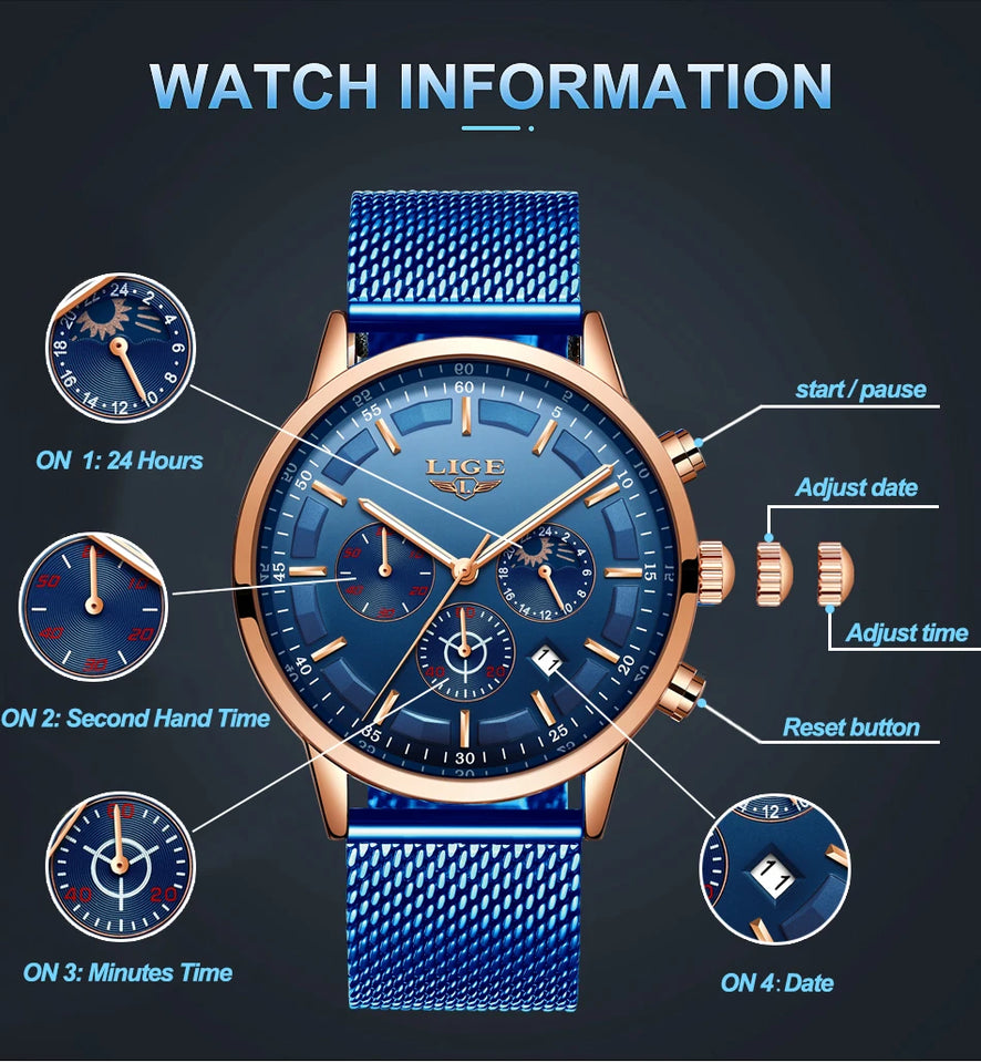 LIGE Top Brand Luxury New Fashion Simple Watch for Men Blue Dial Watch Mesh Belt Sport Waterproof Watches Moon Phase Wrist Watch