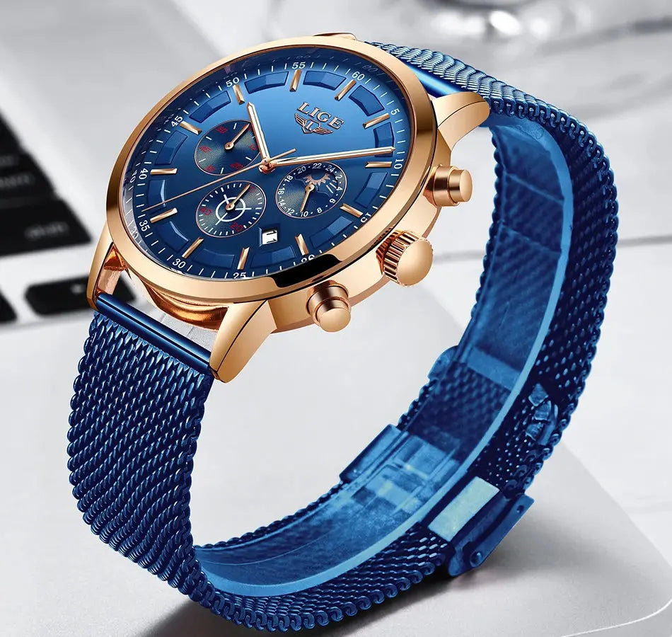 LIGE Top Brand Luxury New Fashion Simple Watch for Men Blue Dial Watch Mesh Belt Sport Waterproof Watches Moon Phase Wrist Watch Gola Watches