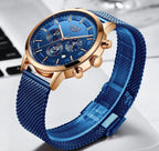 LIGE Top Brand Luxury New Fashion Simple Watch for Men Blue Dial Watch Mesh Belt Sport Waterproof Watches Moon Phase Wrist Watch Gola Watches