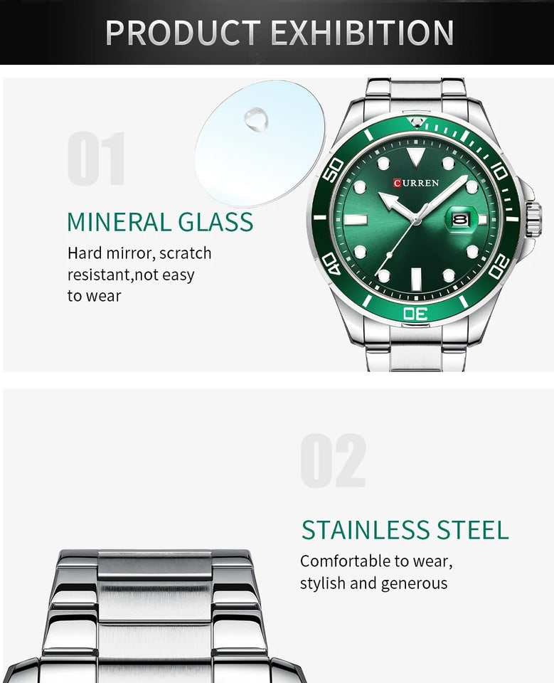 CURREN Fashion Business Mens Wristwatches Green Clock Male Quartz Stainless Steel Watches Reloj Hombre