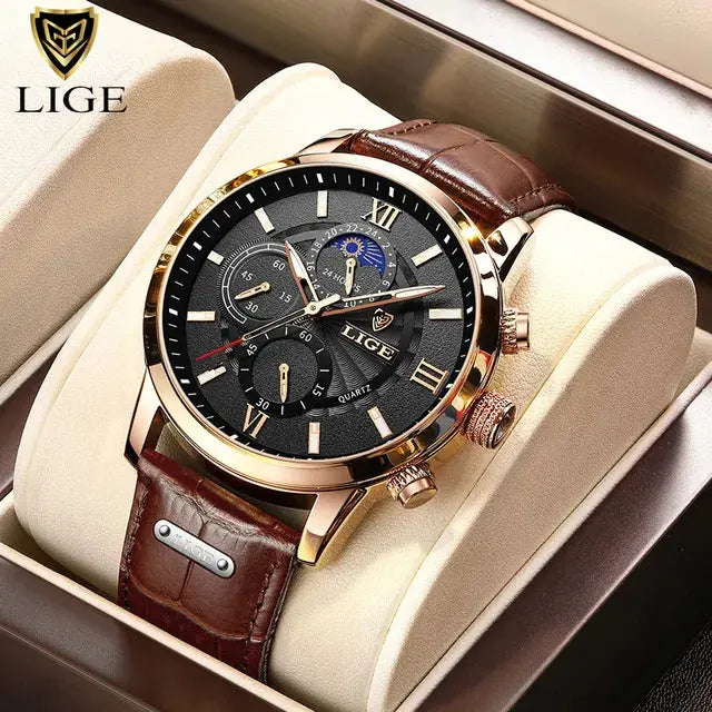 2025 New Mens Watches LIGE Top Brand Luxury Leather Casual Quartz Watch Men's Sport Waterproof Clock Watch Relogio Masculino+Box Gola Watches