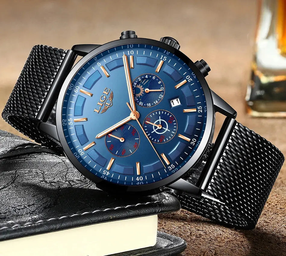 LIGE Top Brand Luxury New Fashion Simple Watch for Men Blue Dial Watch Mesh Belt Sport Waterproof Watches Moon Phase Wrist Watch Gola Watches