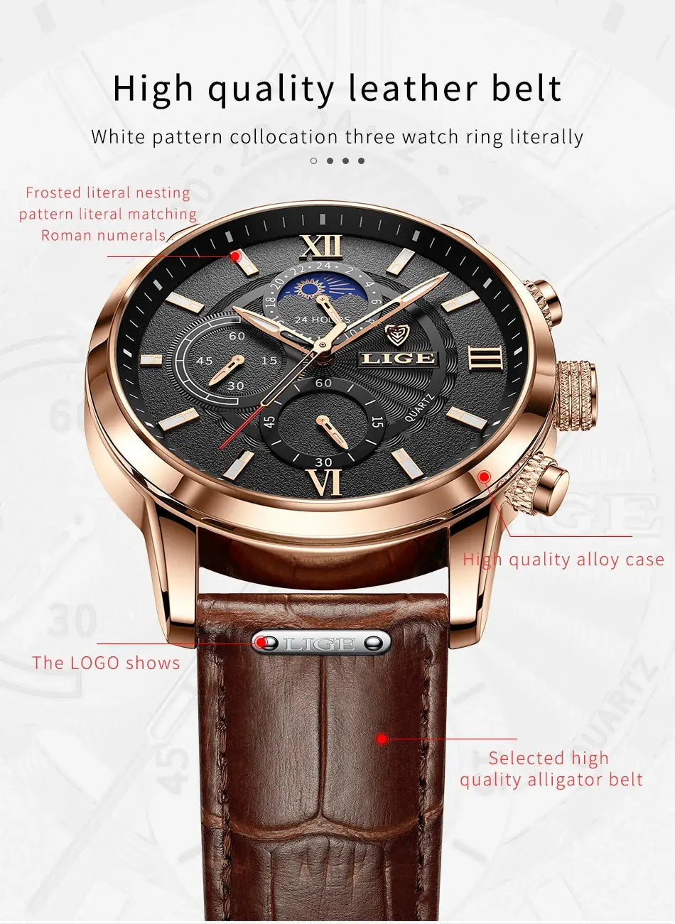 2025 New Mens Watches LIGE Top Brand Luxury Leather Casual Quartz Watch Men's Sport Waterproof Clock Watch Relogio Masculino+Box Gola Watches