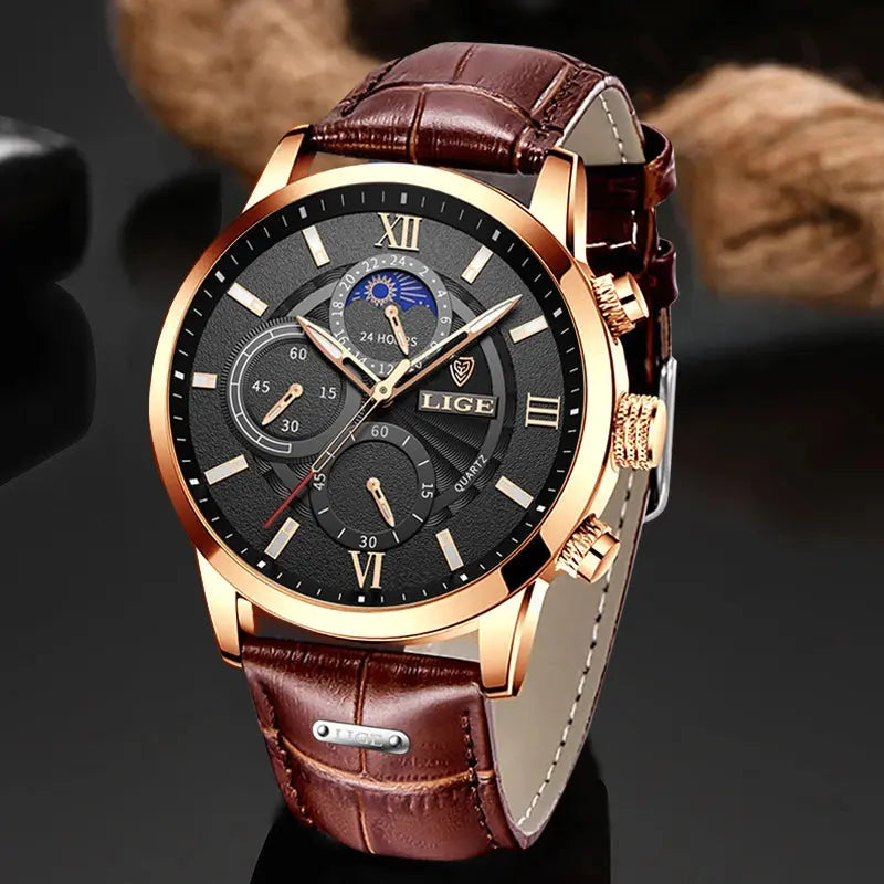 2025 New Mens Watches LIGE Top Brand Luxury Leather Casual Quartz Watch Men's Sport Waterproof Clock Watch Relogio Masculino+Box Gola Watches