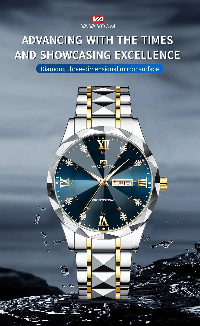 Men Watch Water Diamond Luxury Night Glow Double Calendar Quartz Movement 41mm Blue Gold Stainless Steel Fashion Business Watch Gola Watches