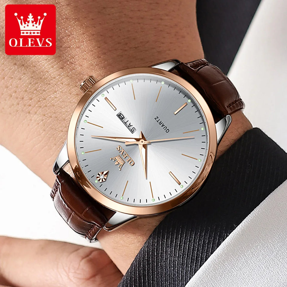OLEVS Men's Watch Brand Business Waterproof Luminous Week Date Quartz Watch Fashion Leather Strap Classic Luxury Men's Watch