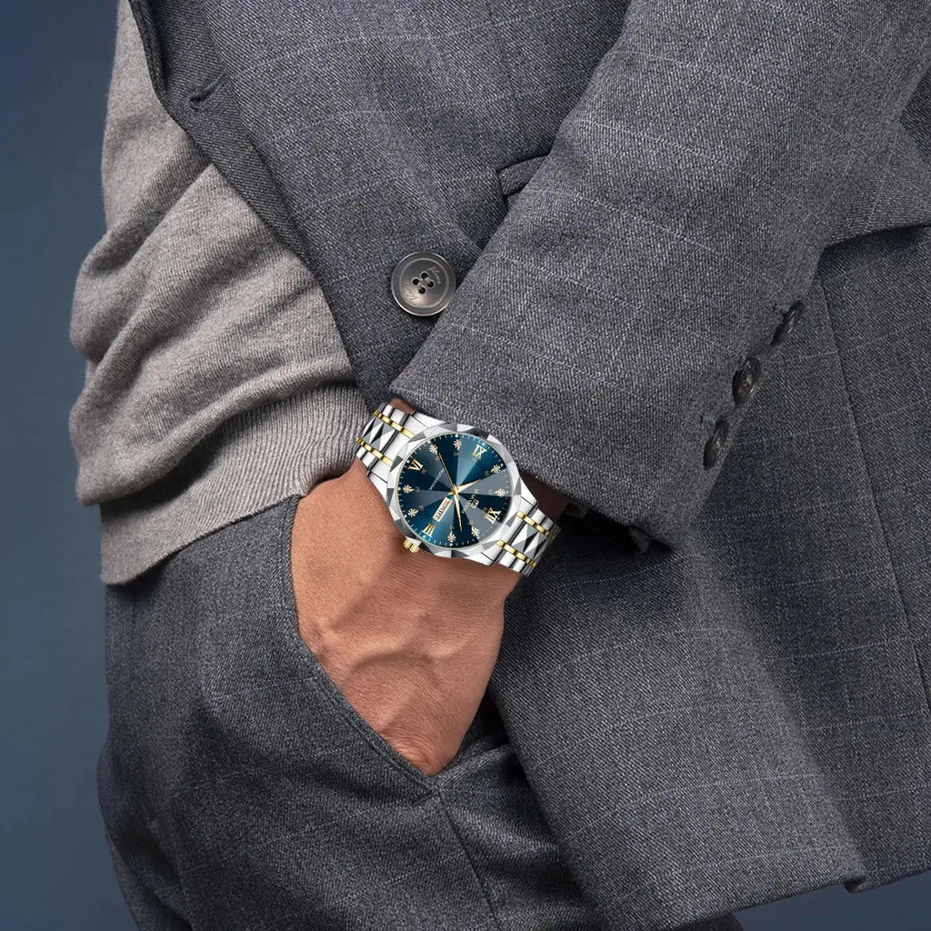 Men Watch Water Diamond Luxury Night Glow Double Calendar Quartz Movement 41mm Blue Gold Stainless Steel Fashion Business Watch Gola Watches