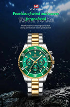 VA VA VOOM Brand Top Men Watch 1Pc Multifunctional Fashionable Timing Dial Green Gold Stainless Steel 3Bar Timing Watch for Men Gola Watches