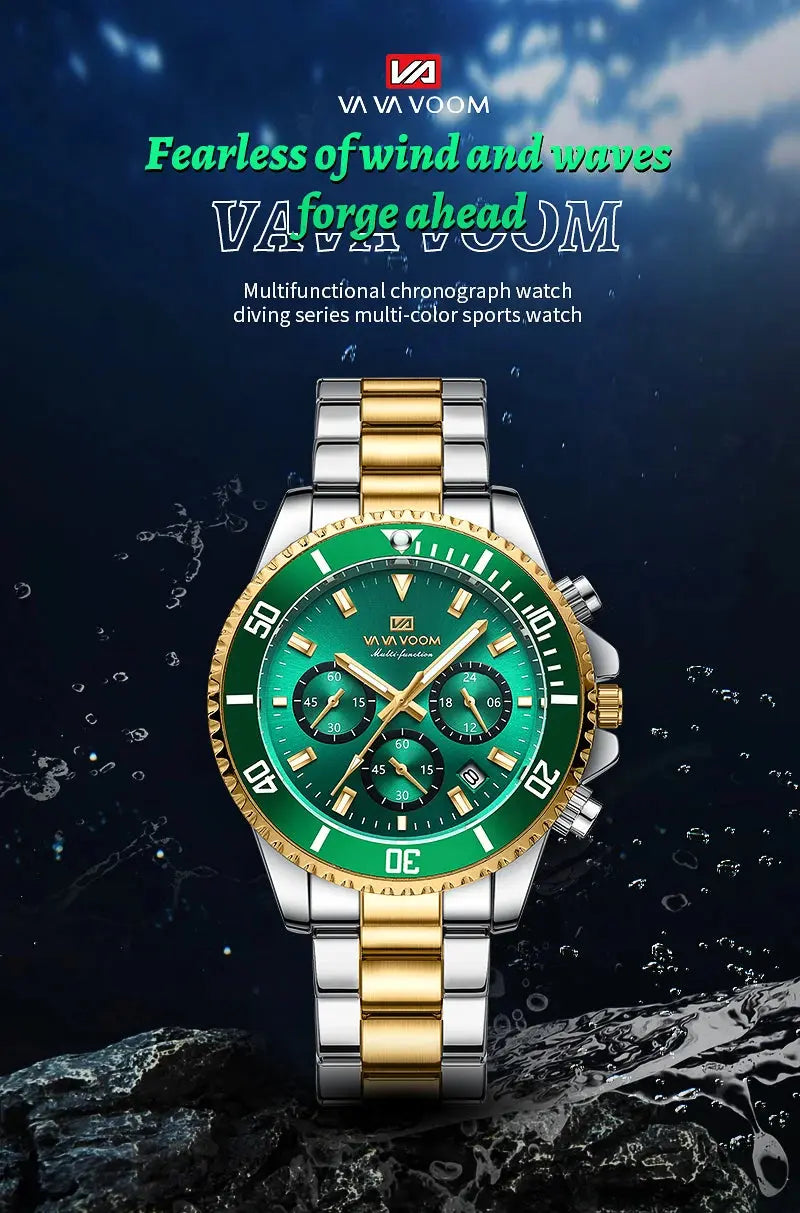 VA VA VOOM Brand Top Men Watch 1Pc Multifunctional Fashionable Timing Dial Green Gold Stainless Steel 3Bar Timing Watch for Men Gola Watches