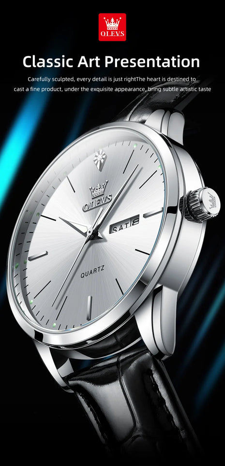 OLEVS Men's Watch Brand Business Waterproof Luminous Week Date Quartz Watch Fashion Leather Strap Classic Luxury Men's Watch